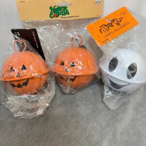 Vintage Halloween Round Craft Jingle Bells 90mm 2 Jack O Lantern & 1 White Ghost